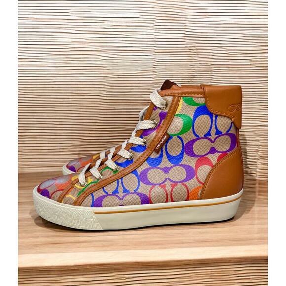 Coach CA855 CitySole High Top Platform Sneaker Rainbow Signature Size 7B - Picture 1 of 8